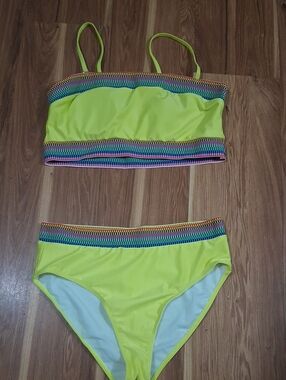 NEW SHEIN Bright Lime Two-Piece Swim Set with Multicolor Trim